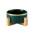 Green Gold 5 inch Ceramic Cat Bowl with Wood Stand No Spill Pet Food Water Feeder Cats Small Dogs