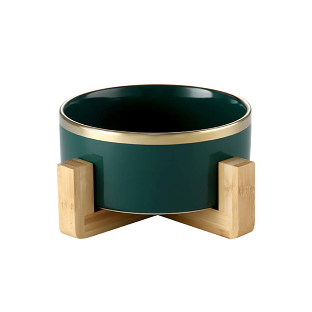Green Gold 5 inch Ceramic Cat Bowl with Wood Stand No Spill Pet Food Water Feeder Cats Small Dogs
